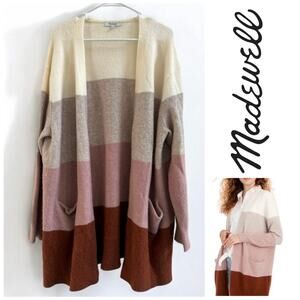 Madewell Wool Alpaca Color Block Duster Cardigan Mauve Ivory Brown Cozy size XL
